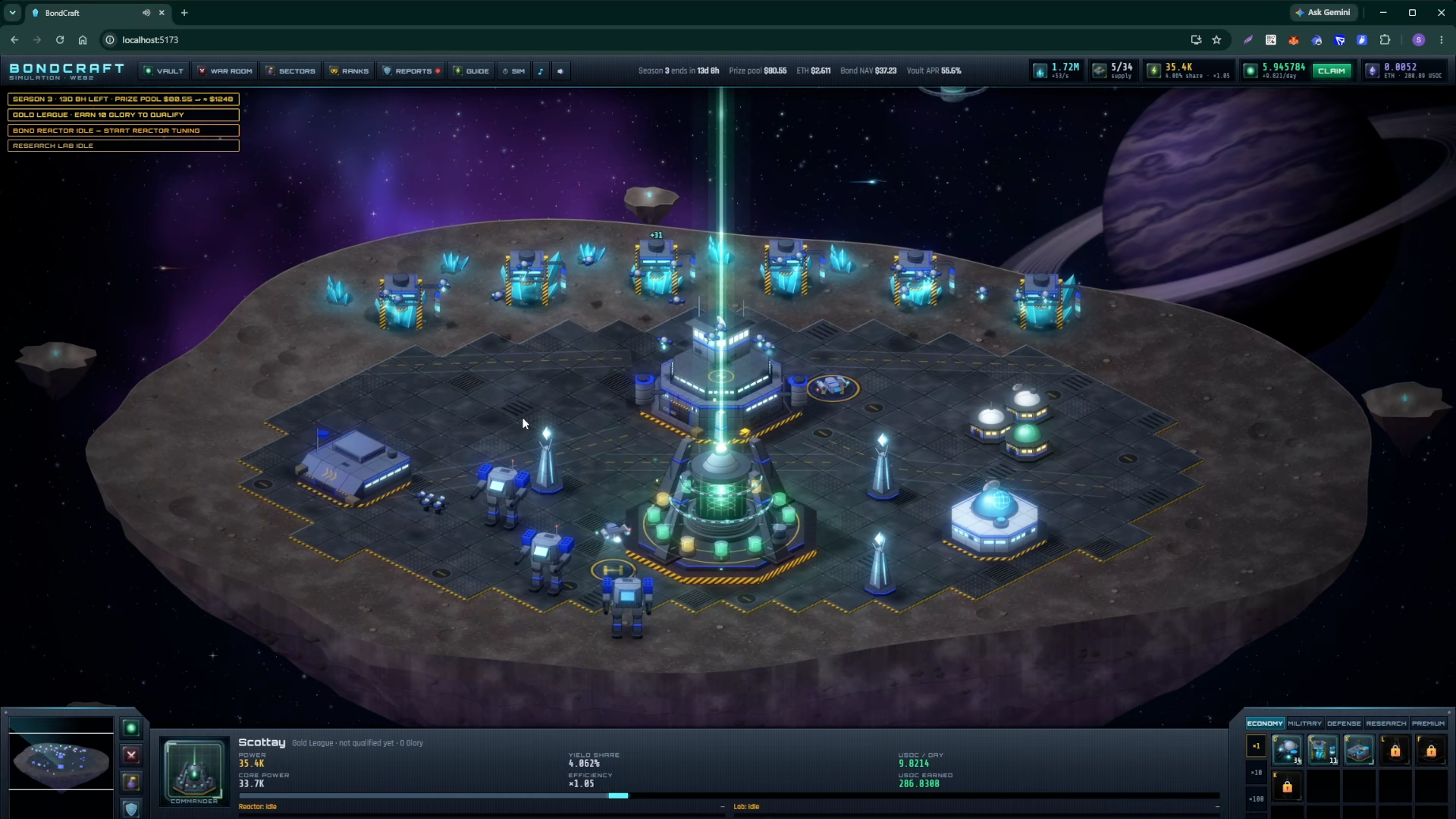 The recorded BondCraft game interface with its colony buildings and command console